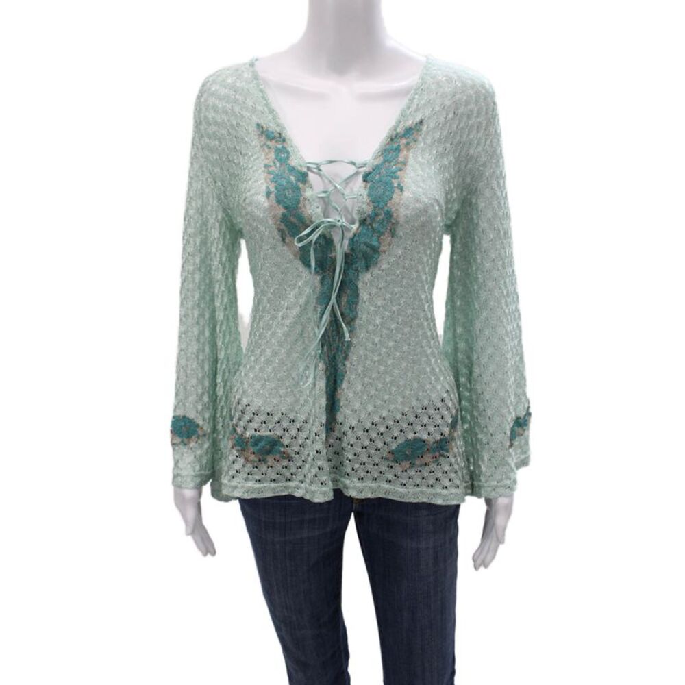 Vanita Rosa Women Floral Tunic V-Neck Lace Up Long Sleeve Green Size One Size